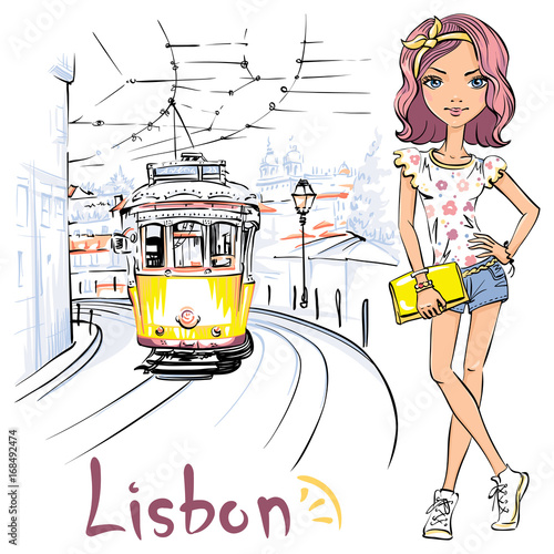Vector cute girl in t-shirt and shorts and famous vintage yellow 28 tram on street of Alfama, the oldest district of the Old Town, Lisbon, Portugal.