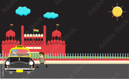 Cartoon Man Running for Taxi at Night in front of Red Fort