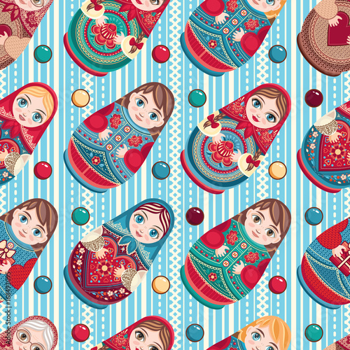 Russian souvenir. Matryoshka - babushka doll. Seamless pattern. Vector