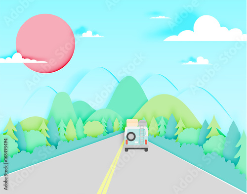 Road trip with car and natural pastel color scheme backgroud