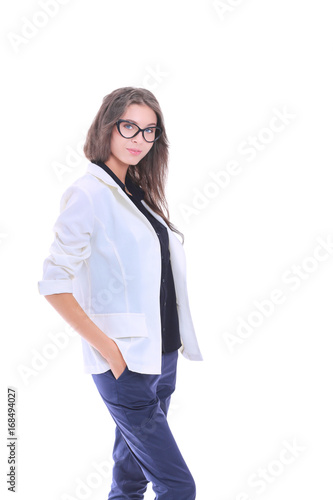 Young woman standing, isolated on white background. Young woman.