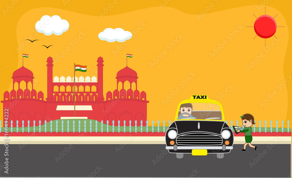 Naklejka premium Girl Holding a Tab Running Toward Taxi Cartoon Concept