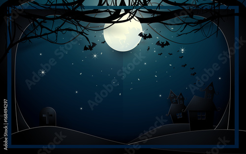Dark castle and old trees on full Moon background. Happy Halloween design illustration. Paper art and craft style