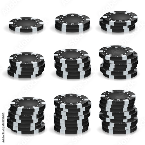 Black Poker Chips Stacks Vector. Realistic Set. Plastic Round Poker Gambling Chips Sign Isolated On White. Casino Big Win, Success Concept Illustration.