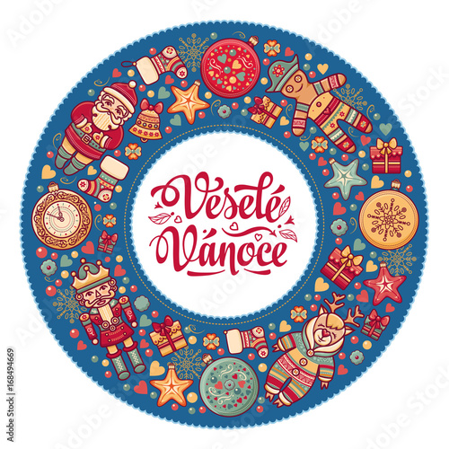Vesele Vanoce. Xmas card on Czech language. Warm wishes for happy holidays