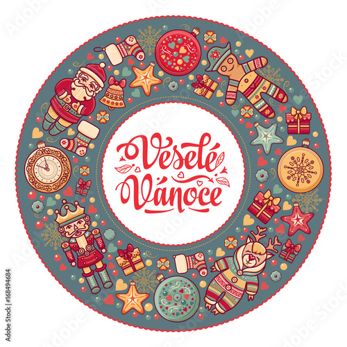 Vesele Vanoce. Xmas card on Czech language. Warm wishes for happy holidays