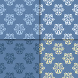 Blue set of floral ornaments. Seamless patterns