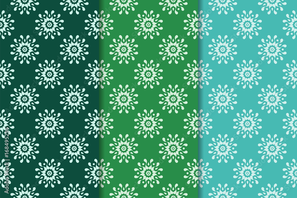 Green set of floral ornaments. Seamless patterns Green set of floral ornaments. Seamless patterns