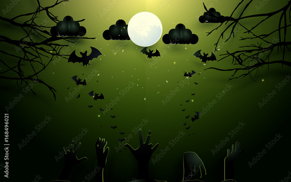 Zombie hands and old trees on full Moon background. Happy Halloween design illustration. Paper art and craft style