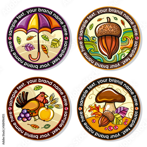 Vector set of Seasonal Autumn round drink coasters for cold, hot beverages. Cartoon fall designs for bar, pub, coffee shop, to place tea mug or beer bottle. Laves, nuts, umbrella, mushrooms and hen