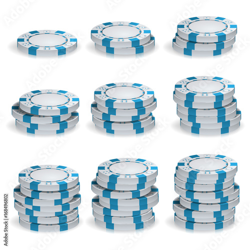 White Poker Chips Stacks Vector. 3D Set. Plastic Round Poker Gambling Chips Sign Isolated On White. Casino Jackpot Concept Illustration.