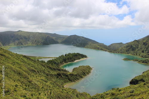 Beautiful view of the Lake of Fire (Lagoa do Fogo) from one of the observation decks . San Miguel, Azores