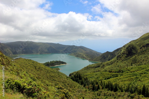The lake, hidden in the crater of the volcano. Lake of Fire (Lagoa do Fogo). San Miguel, Azores