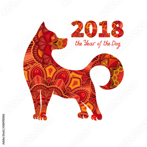 Dog is a symbol of the 2018 Chinese New Year. Design for greeting cards, calendars, banners, posters, invitations.