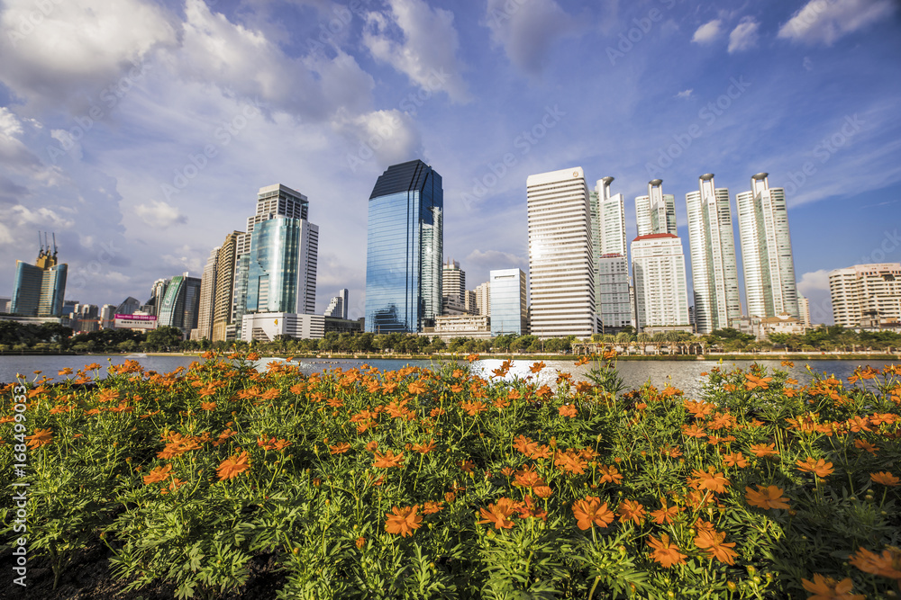 Bangkok City view from Benjakitti Park with flower field in the foreground Bangkok City view from Benjakitti Park with flower field in the foreground