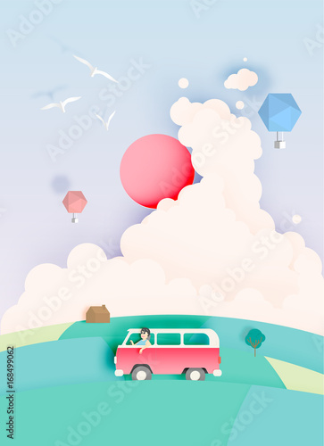 Road trip with car and natural pastel color scheme backgroud