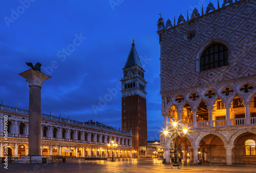 Square San Marco (Piazza San Marco) with the Doge's Palace (Palazzo Ducale) and the bell tower by night, Venice, Italy