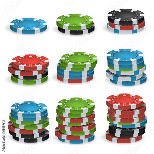 Poker Chips Stacks Vector. Plastic. White, Red, Black, Blue, Green Casino Chips Illustration. For Online Casino, Gambling Club, Poker, Billboard.