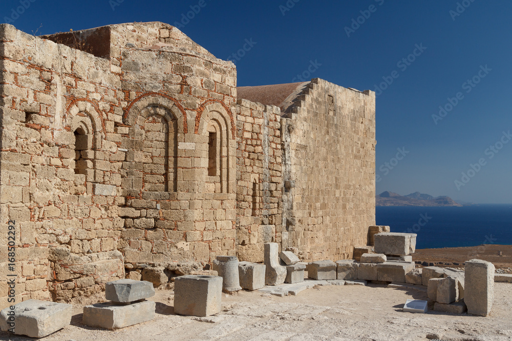 Medieval castle built on top of ancient acropolis, Lindos town, Rhodes island, Greece