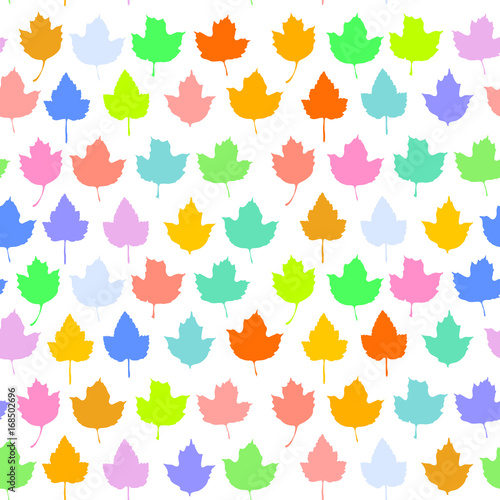 Vector seamless background with autumn maple leaves  for fashion textile or web background. green yellow orange blue pink purple neon silhouette on white background. Vector