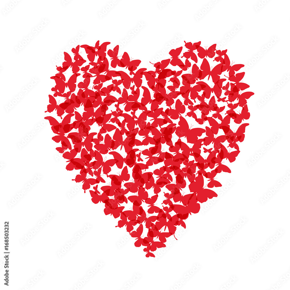 Heart - summer banner, card design, red butterfly on white background. Vector