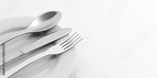 Stack of plates and cutlery on white background. 3d illustration