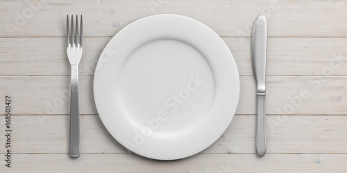 Place Setting isolated on wooden background. 3d illustration