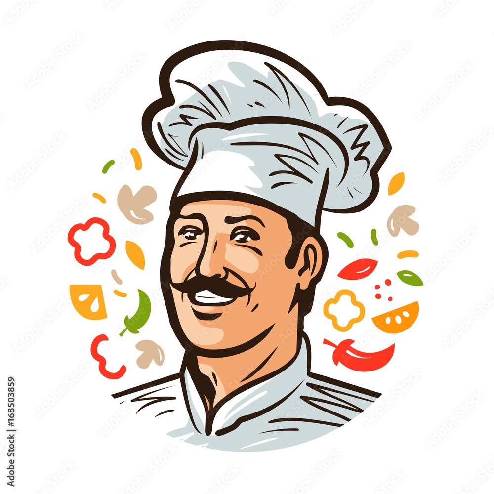Portrait of happy chef. Cooking logo. Illustration for design menu  restaurant or cafe. Cartoon vector Stock Vector | Adobe Stock
