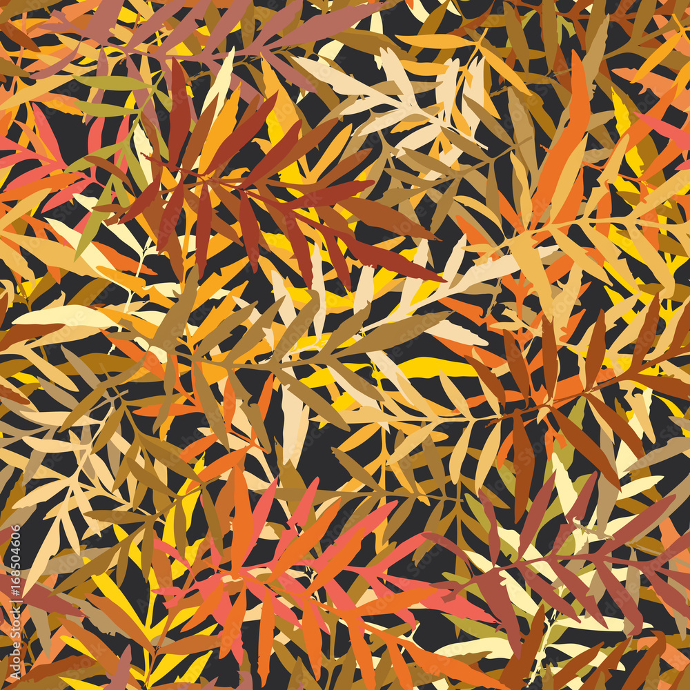 Obraz premium Seamless pattern with leafs tropical fern palm for fashion textile or web background. Gold yellow mustard orange brown silhouette on Black background. Vector