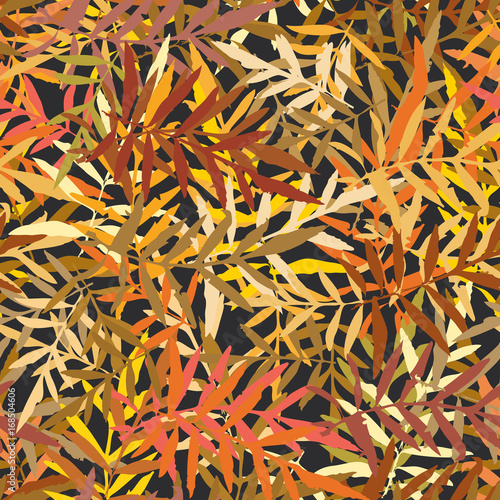 Seamless pattern with leafs tropical fern palm for fashion textile or web background. Gold yellow mustard orange brown silhouette on Black background. Vector