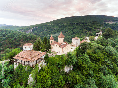 AERIAL. Old monastery hiding in the forests  also known as Motsameta  Georgia
