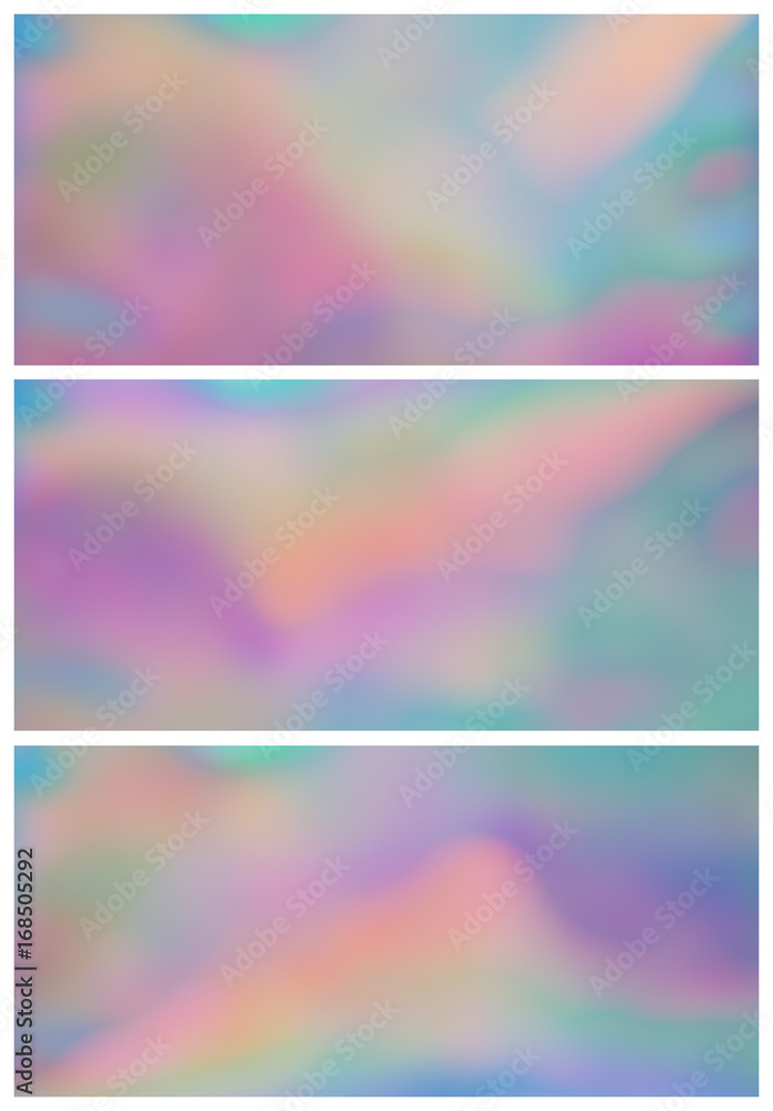 Set of 3 holographic background, iridescent gradients in beautiful shades of pink, green, orange, yellow, blue and other dreamlike colors. Perfect as wallpaper or backdrop. Aspect ratio: 16:9