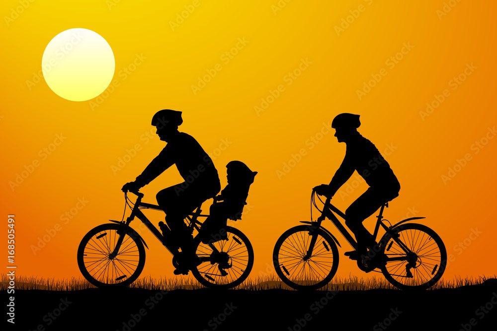 Young couple with child on mountain bikes at sunset, vector silhouette Young couple with child on mountain bikes at sunset, vector silhouette