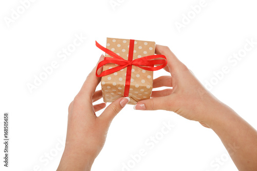 Female hand give present box, crop, cut out