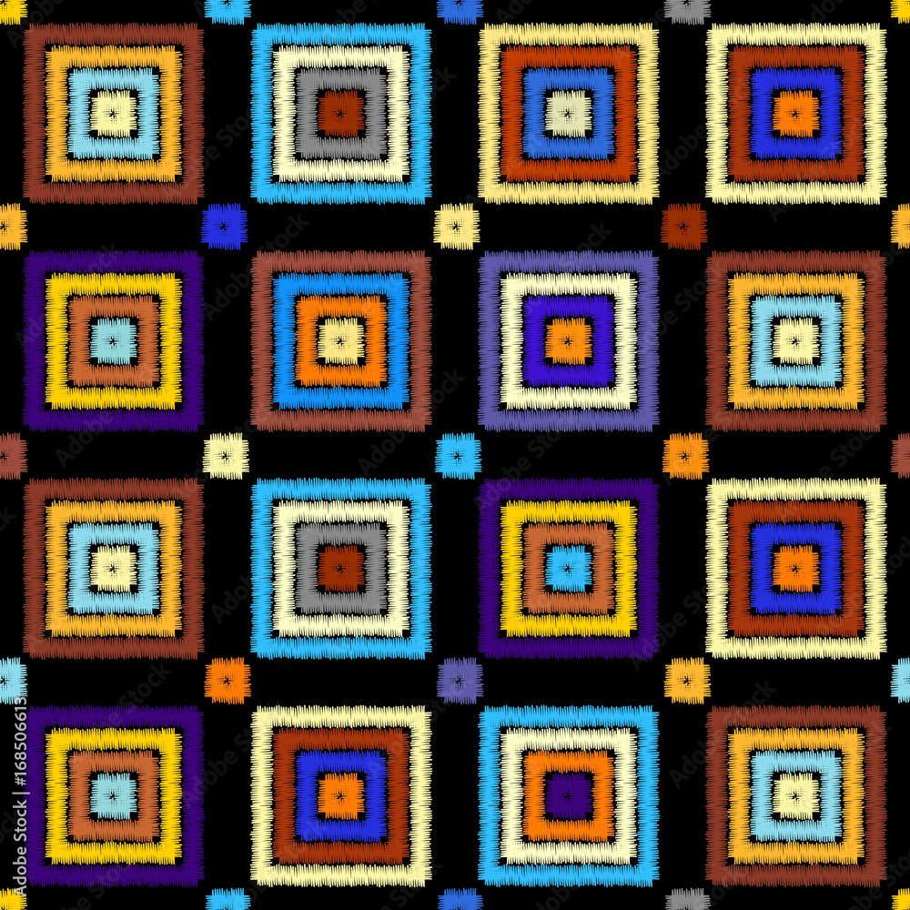 Imitation of geometric embroidery pattern. Colored lines on a black background. Ethnic and tribal motifs. Seamless vector background in the bohemian style. Imitation of geometric embroidery pattern. Colored lines on a black background. Ethnic and tribal motifs. Seamless vector background in the bohemian style.