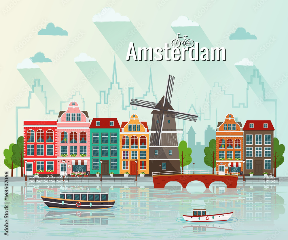 Plakat Ilustracja wektorowa Amsterdamu. Stare europejskie miasto.