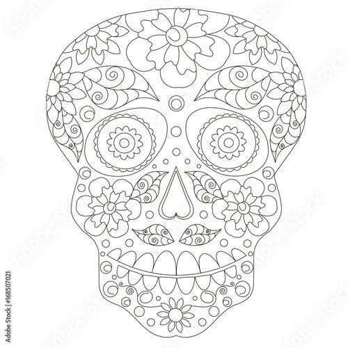 Doodle stylized black and white sugar skull, hand drawing, stock vector illustration