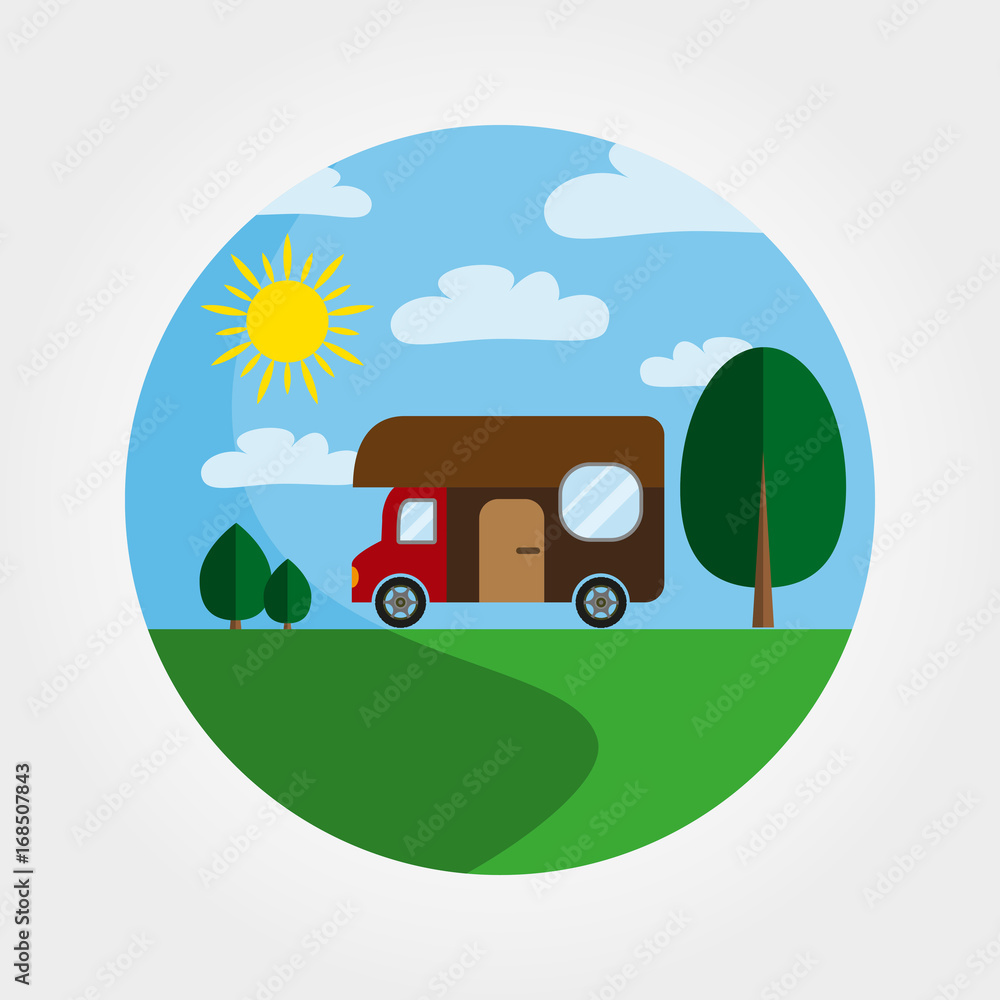 Naklejka premium Trailer. House on wheels. Logotype recreation in nature. Camping.