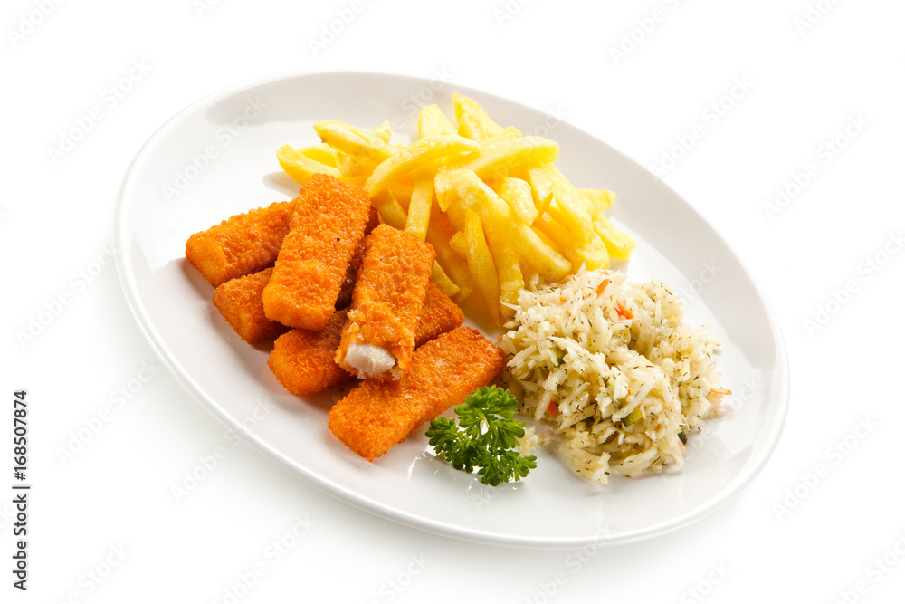 Fried fish sticks with french fries on white background Fried fish sticks with french fries on white background