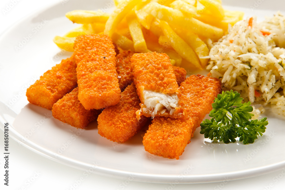 Fried fish sticks with french fries on white background Fried fish sticks with french fries on white background