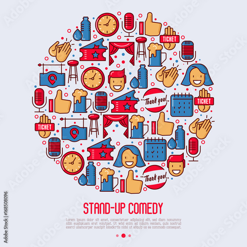 Stand up comedy show concept in circle with thin line icons. Vector illustration for banner, web page, print media.