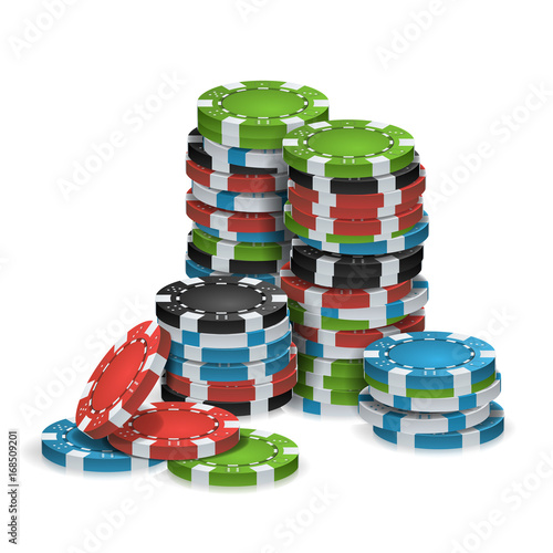 Casino Chips Stacks Isolated Vector. Realistic. White, Red, Black, Blue, Green Casino Chips Illustration.