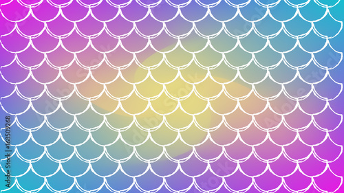 Fish scale on trendy gradient background. Horizontal backdrop with fish scale ornament. Bright color transitions. Mermaid tail banner and invitation. Underwater sea pattern. Rainbow colors.