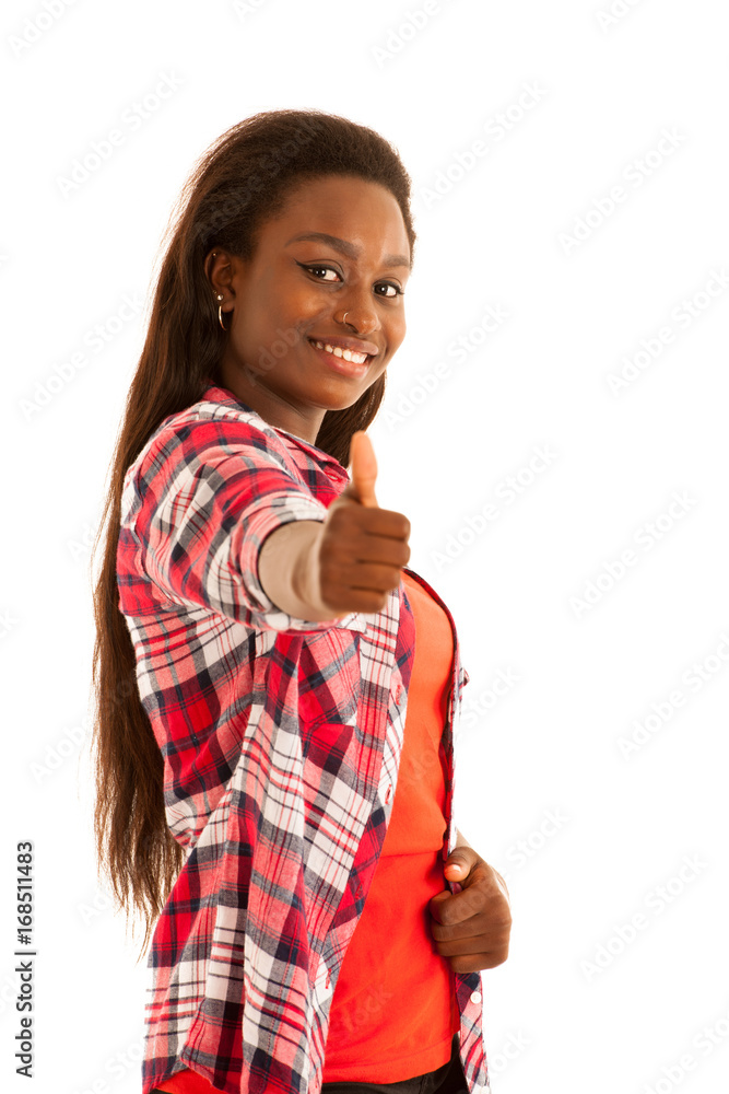 Attractive young woman gesturing success with thumb up isolated over white background Attractive young woman gesturing success with thumb up isolated over white background