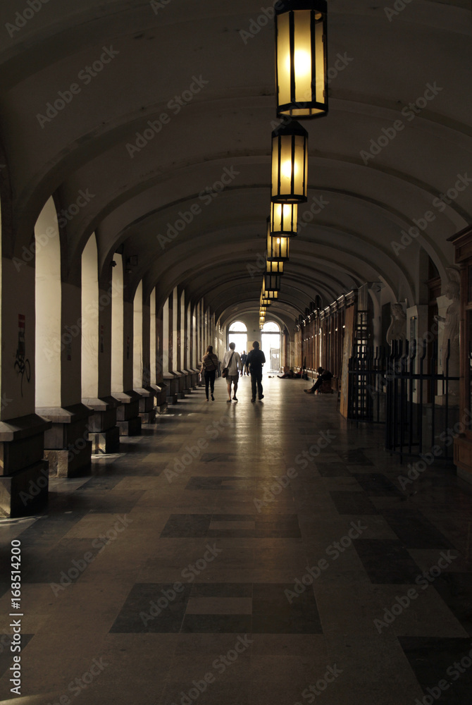 Lights illuminating a hallway in Budapest, Hungary