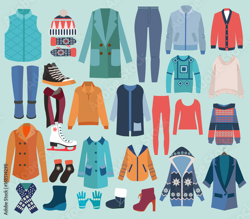 Fashion collection of winter woman wardrobe.