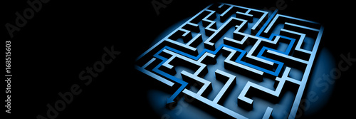 blue maze structure on black background with arrow showing the path through the maze (3d illustration banner)