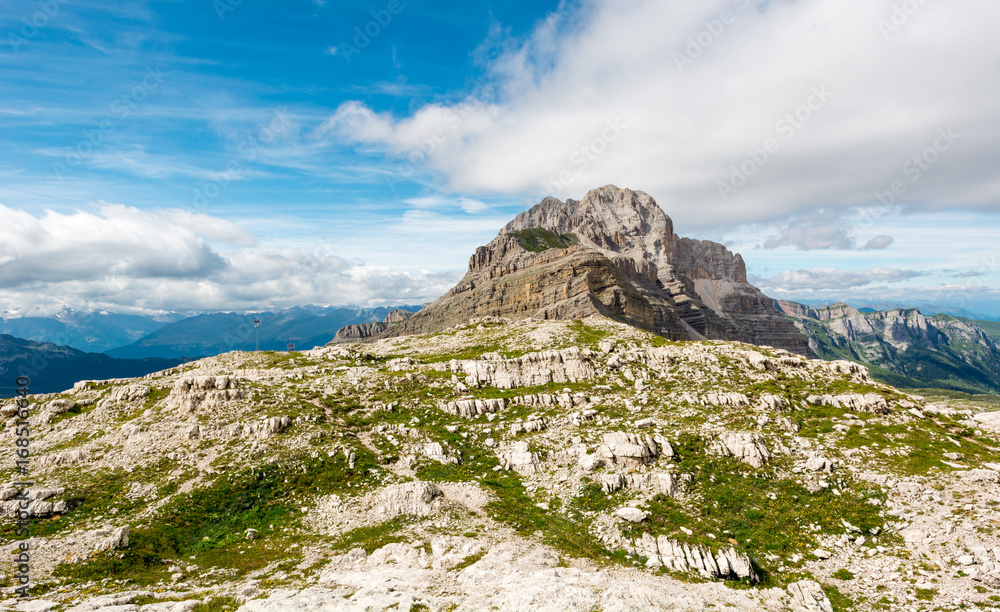 Panoramic mountain view of Italian Dolomites from Passo Groste.