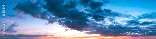 Vibrant panoramic sky on twilight time. Beautiful cloud. Panorama high resolution photograph.