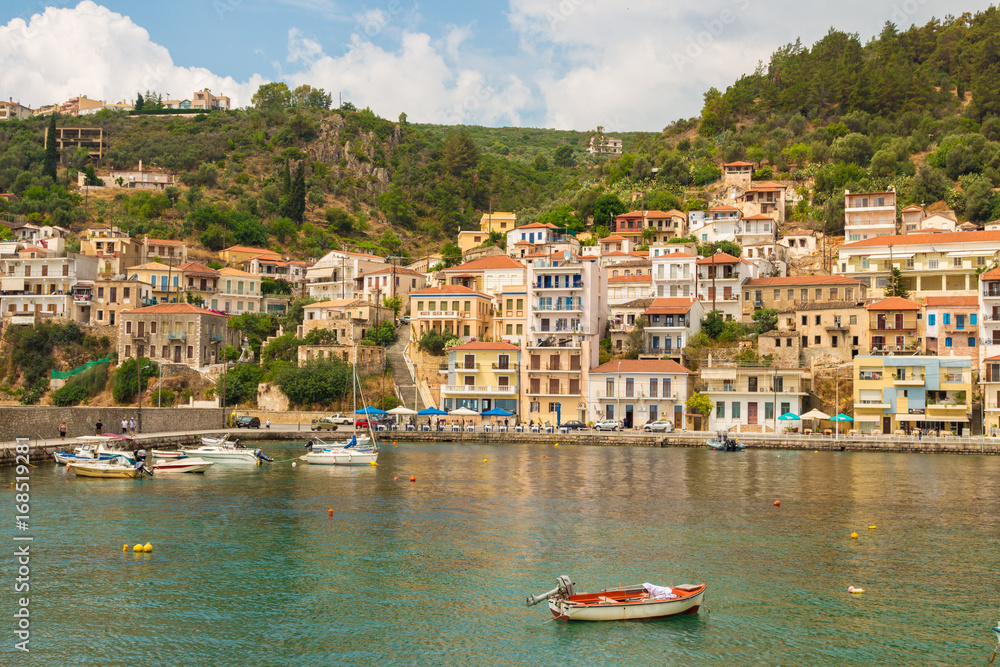 View of the Githio town with a boats in front. Lakonia, Peloponnese, Greece